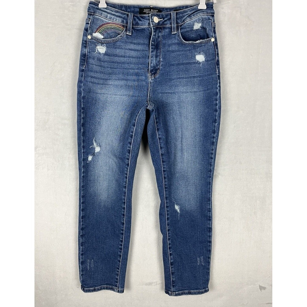 Judy Blue Jean Women 7/28 Blue Wash Straight Rainbow Stretch Distressed Whisker